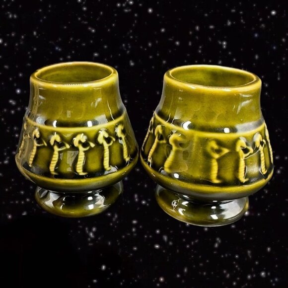 Unbranded Other - Glazed Pottery Olive Green Egyptian Pattern Votive Candle Holder Ceramic set 2